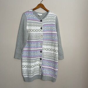 Christopher & Banks‎ Gray Fair isle Long Cardigan Sweater Women's Size L Petite